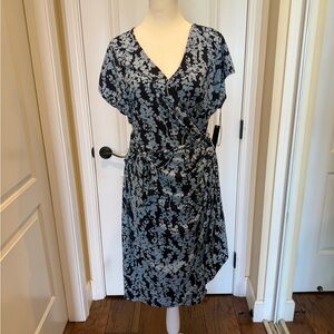 Maggy London Floral Wrap Midi Dress in Navy and Light Blue NWT